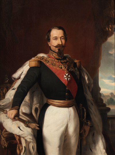 Napoleon III in Uniform with Ermine Mantle at a Table with Crown and Scepter, Louvre in the Background by workshop of Franz Xaver Winterhalter